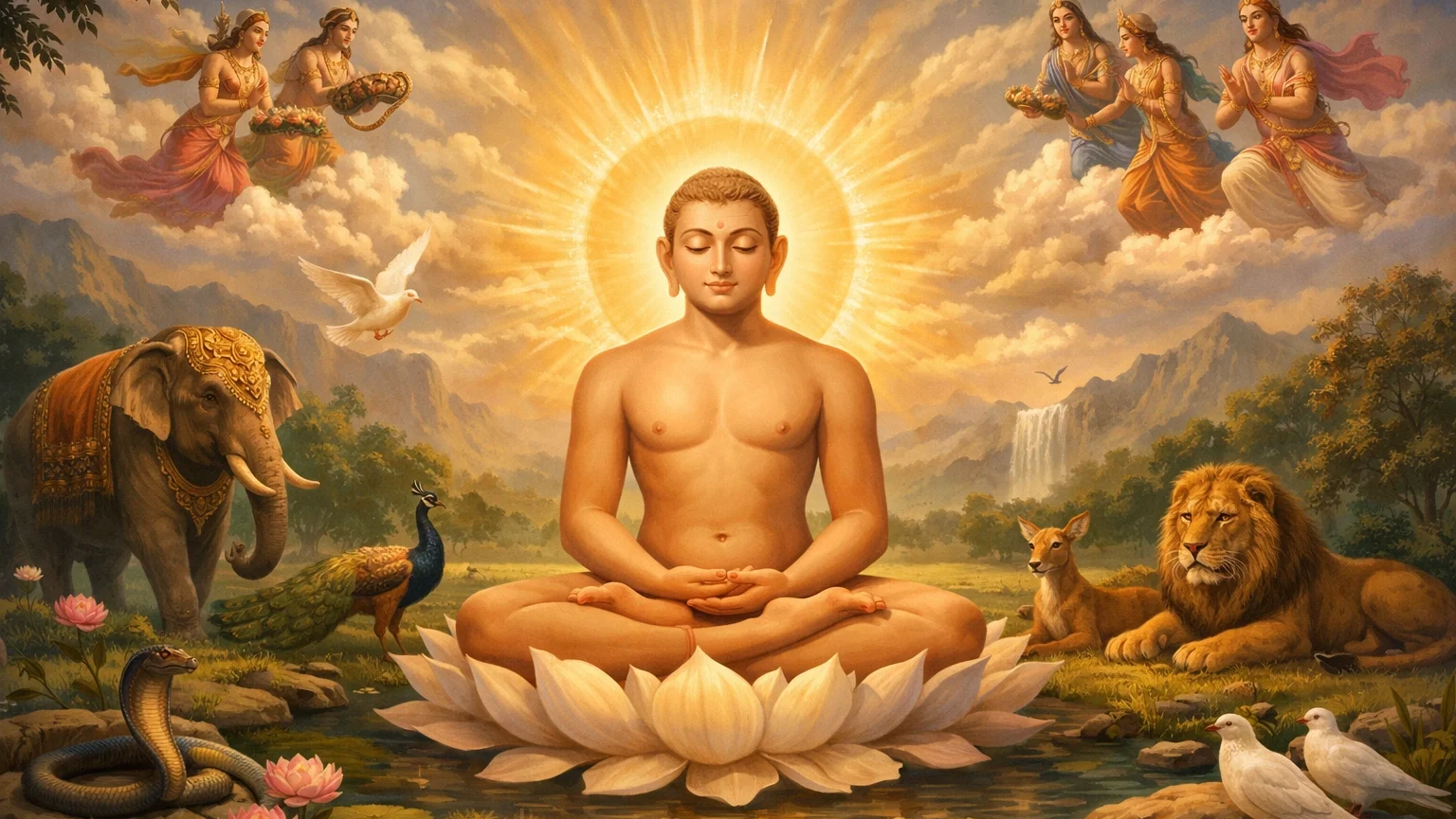 Ahimsa-inspired serene wallpaper featuring Lord Mahavira meditating peacefully on a lotus surrounded by harmonious animals and divine aura in nature