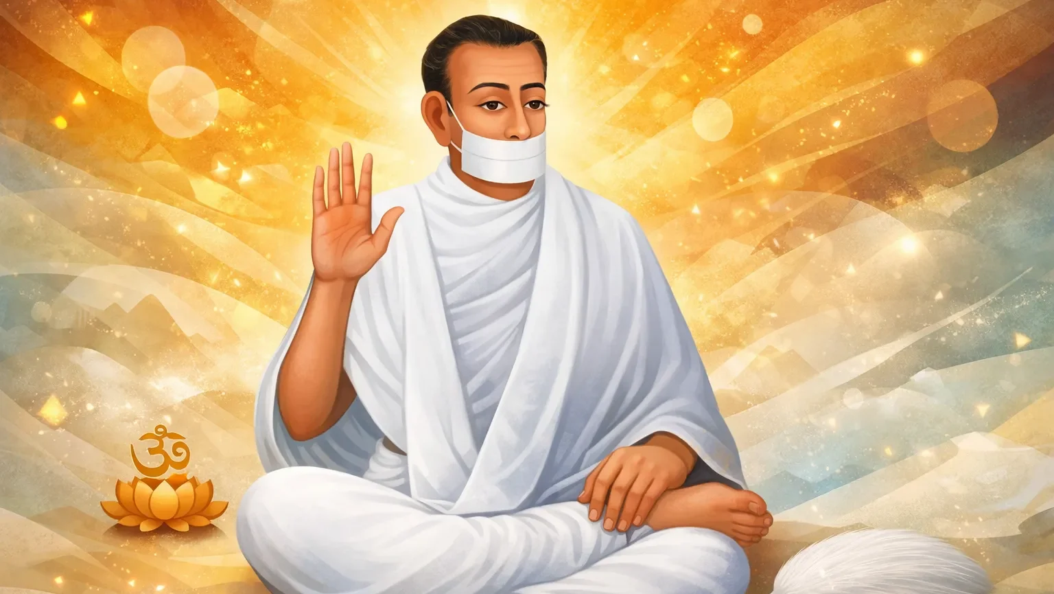 Modern abstract wallpaper of Jain Terapanth Acharya Bhikshu in white robes with muhpatti, seated in blessing pose with golden spiritual background