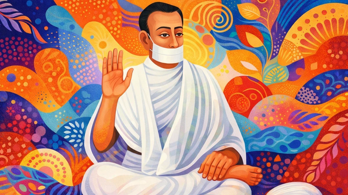 Modern abstract 16:9 Puducherry bommai style digital art wallpaper of Jain Terapanth Acharya Bhikshu seated in white robes with muhapatti, blessing gesture, no tilak, vibrant colorful background