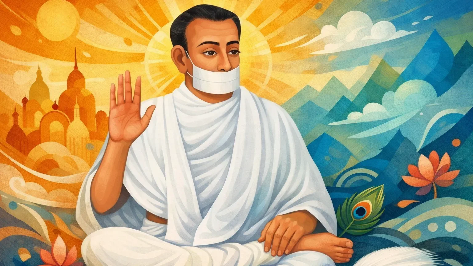 Acharya Bhikshu modern abstract Jain art wallpaper in white monk robe with muhapatti, serene meditation pose, colorful abstract background (16:9)