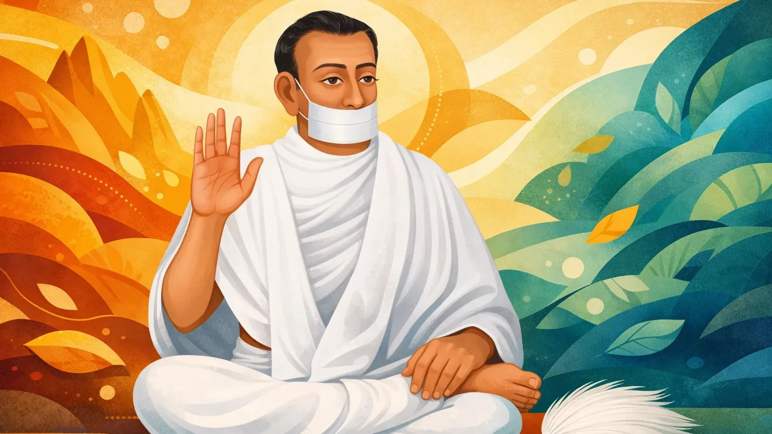 Modern abstract Sikkim-style digital illustration of Jain Terapanth Acharya Bhikshu seated in meditation with muhpatti and raised blessing hand, colorful abstract background, 16:9 wallpaper.