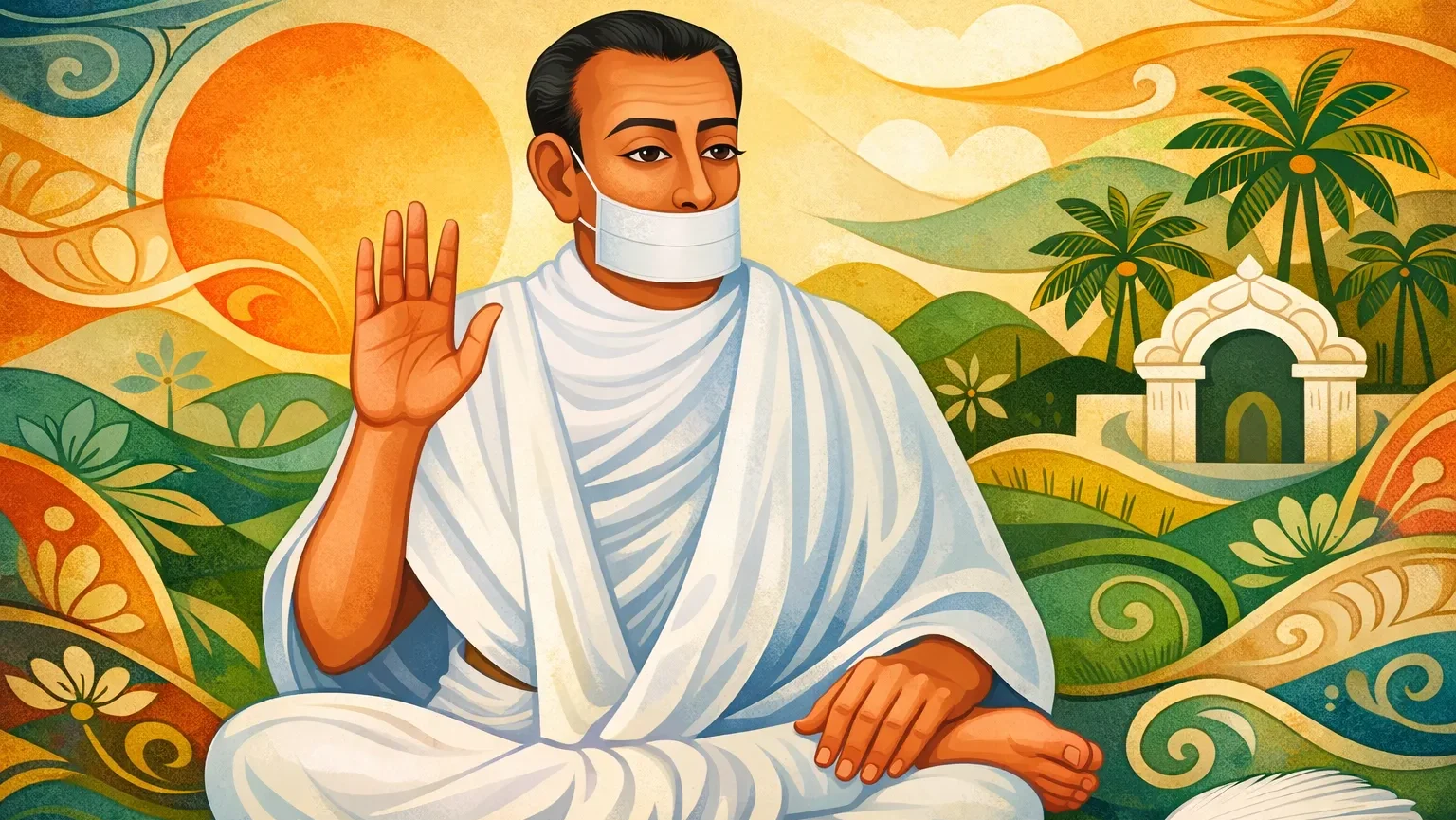 Modern abstract Kerala mural style wallpaper of Jain Terapanth Acharya Bhikshu meditating with raised blessing hand, wearing white robes and muhapatti, serene spiritual background, no tilak, 16:9.