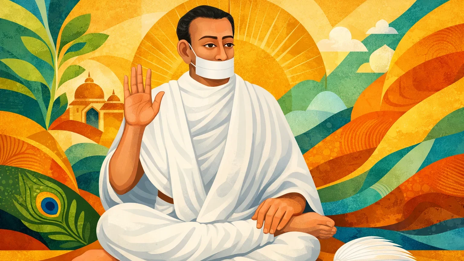 Modern abstract Kerala-style digital artwork of Jain Terapanth Acharya Bhikshu sitting in meditation with muhapatti and rajoharan, serene spiritual illustration wallpaper (16:9)