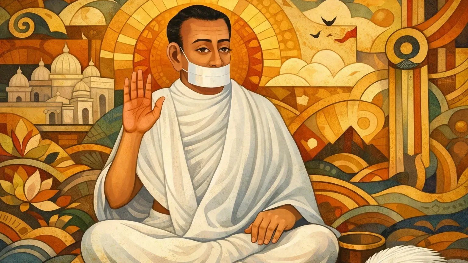 Modern abstract Orissa art wallpaper of Jain Terapanth Acharya Bhikshu sitting in meditation with raised blessing hand and muhapatti, traditional Jain monk attire, warm golden background, no tilak.