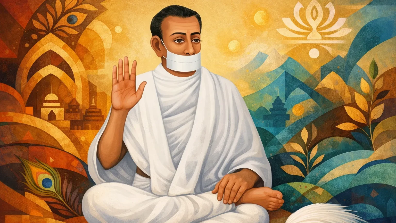 Modern Abstract Telangana Art wallpaper of Jain Terapanth Acharya Bhikshu sitting in meditation with muhpatti and raised blessing hand, no tilak