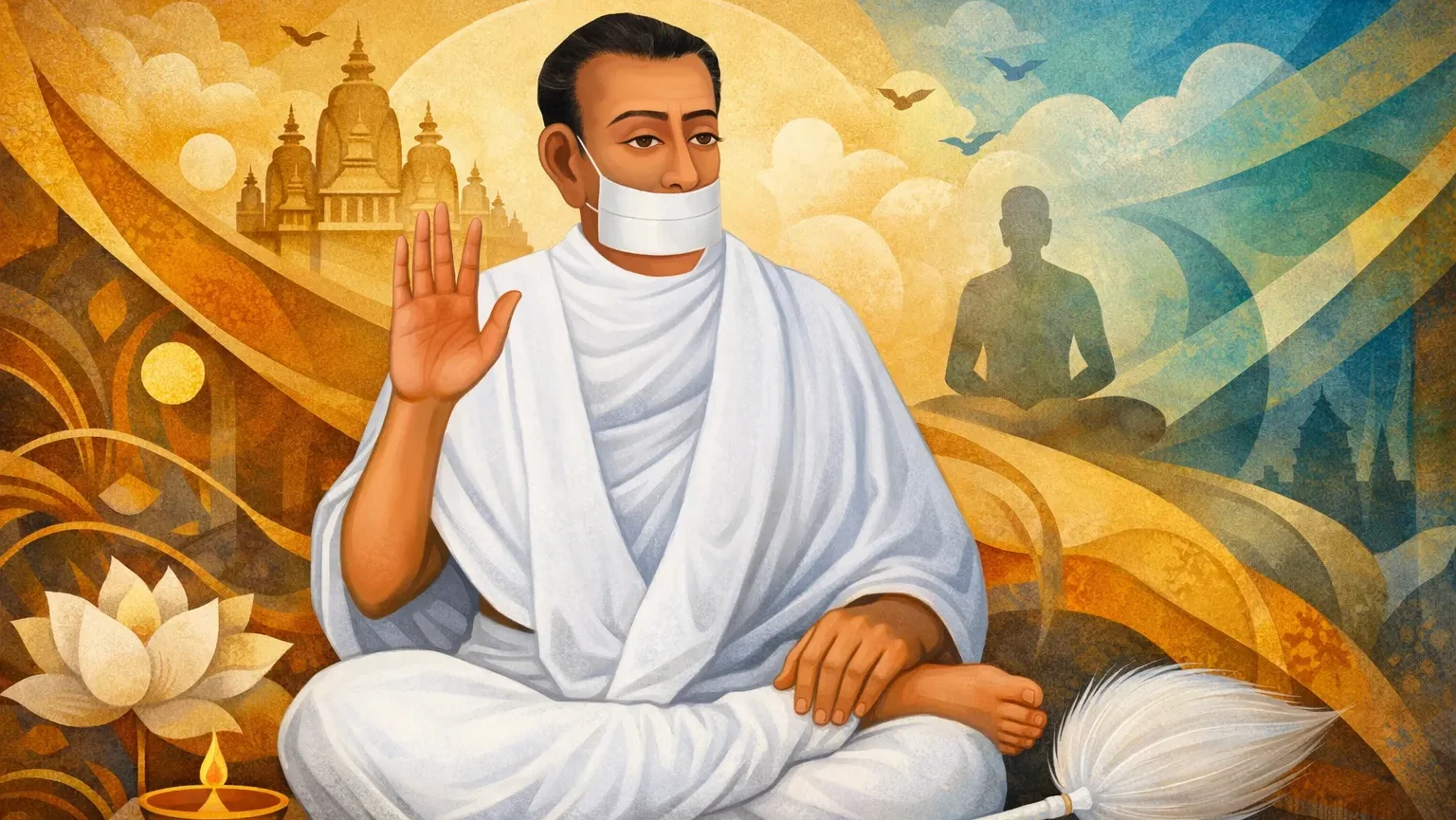 Modern abstract 16:9 Jain Karnataka style wallpaper of Acharya Bhikshu seated in white robes with muhpatti, blessing gesture, and spiritual motifs in background