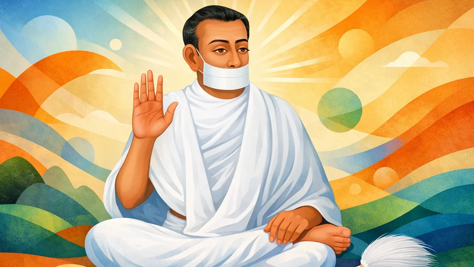 Modern abstract Jain art wallpaper of Acharya Bhikshu sitting in meditation with muhapatti and rajoharan, Terapanth Jain monk illustration, no tilak, 16:9 background