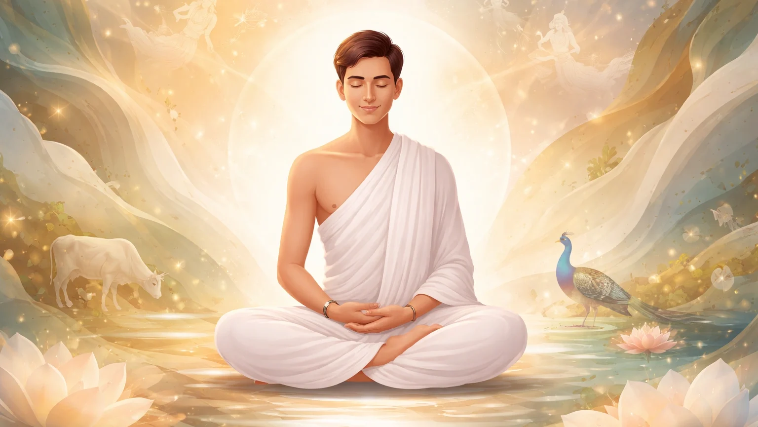 Modern abstract Jain art of a shravak meditating in brahmacharya, peaceful spiritual background, 16:9 wallpaper