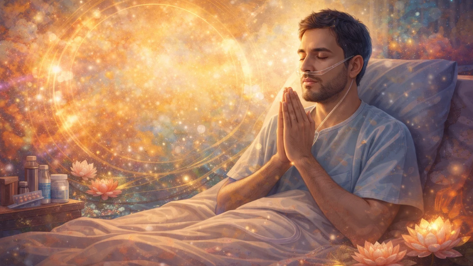 Modern abstract Jain-inspired wallpaper of a sick man in bed meditating with folded hands, surrounded by glowing energy and lotus elements