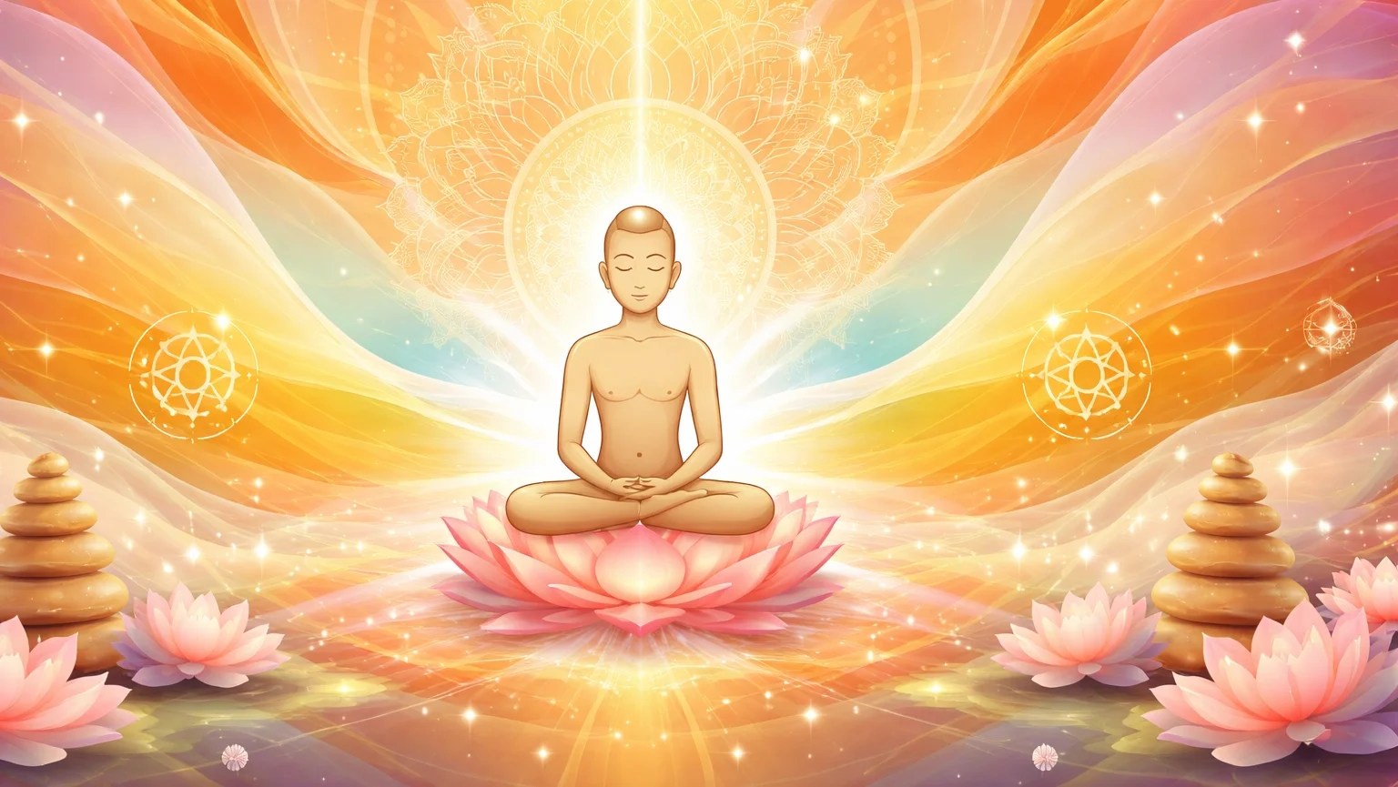 Abstract Jain Navkar mantra inspired wallpaper with radiant mandala, glowing light waves