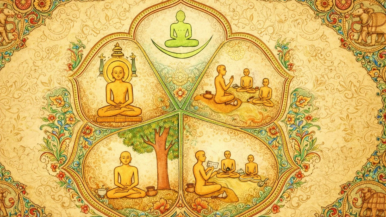 Traditional abstract Panch Parmesthi Jain art wallpaper with ornate floral patterns and meditative figures in symmetrical lotus design