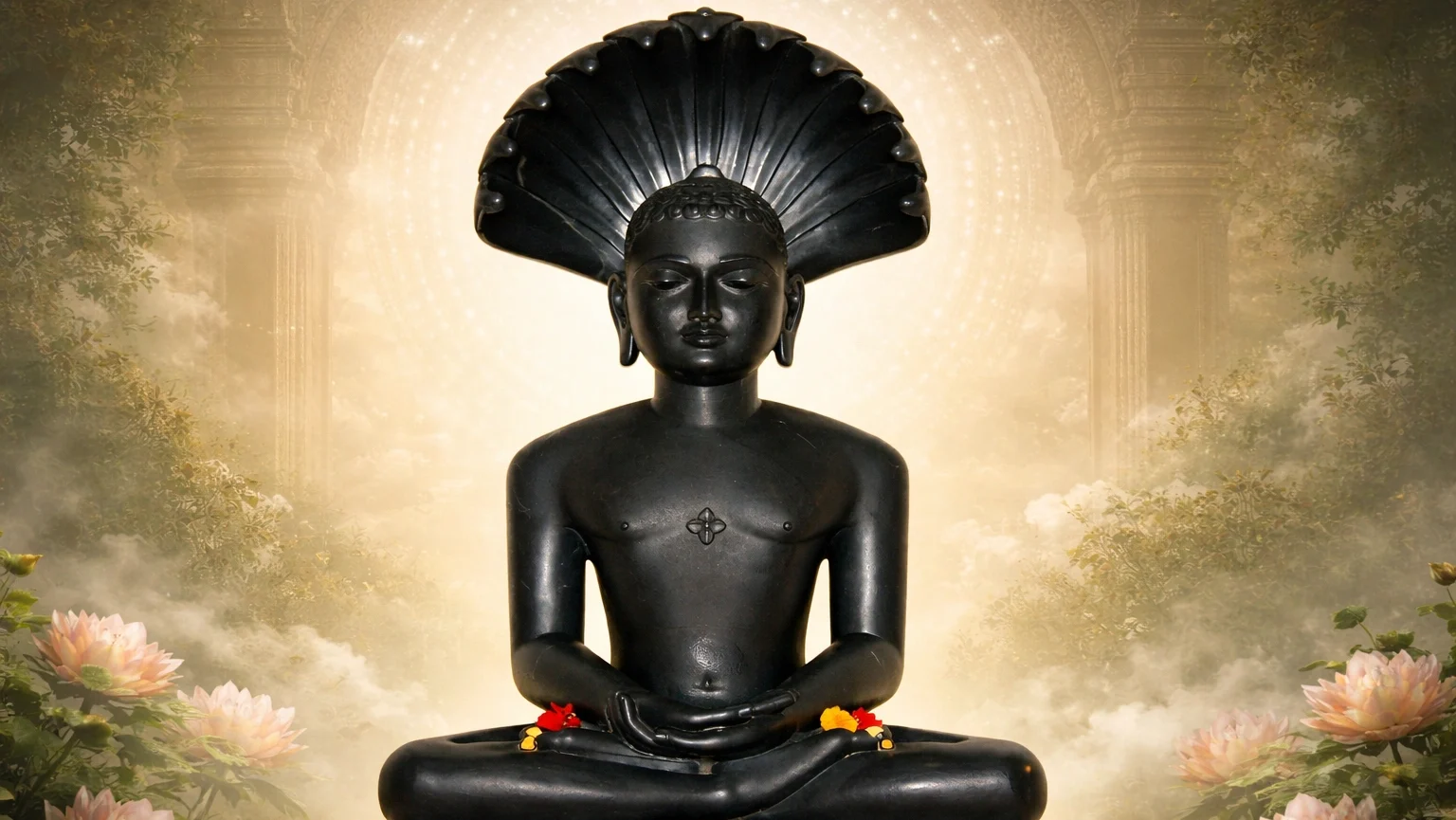 Lord Parshvanath black stone idol meditating with serpent hood divine Jain wallpaper