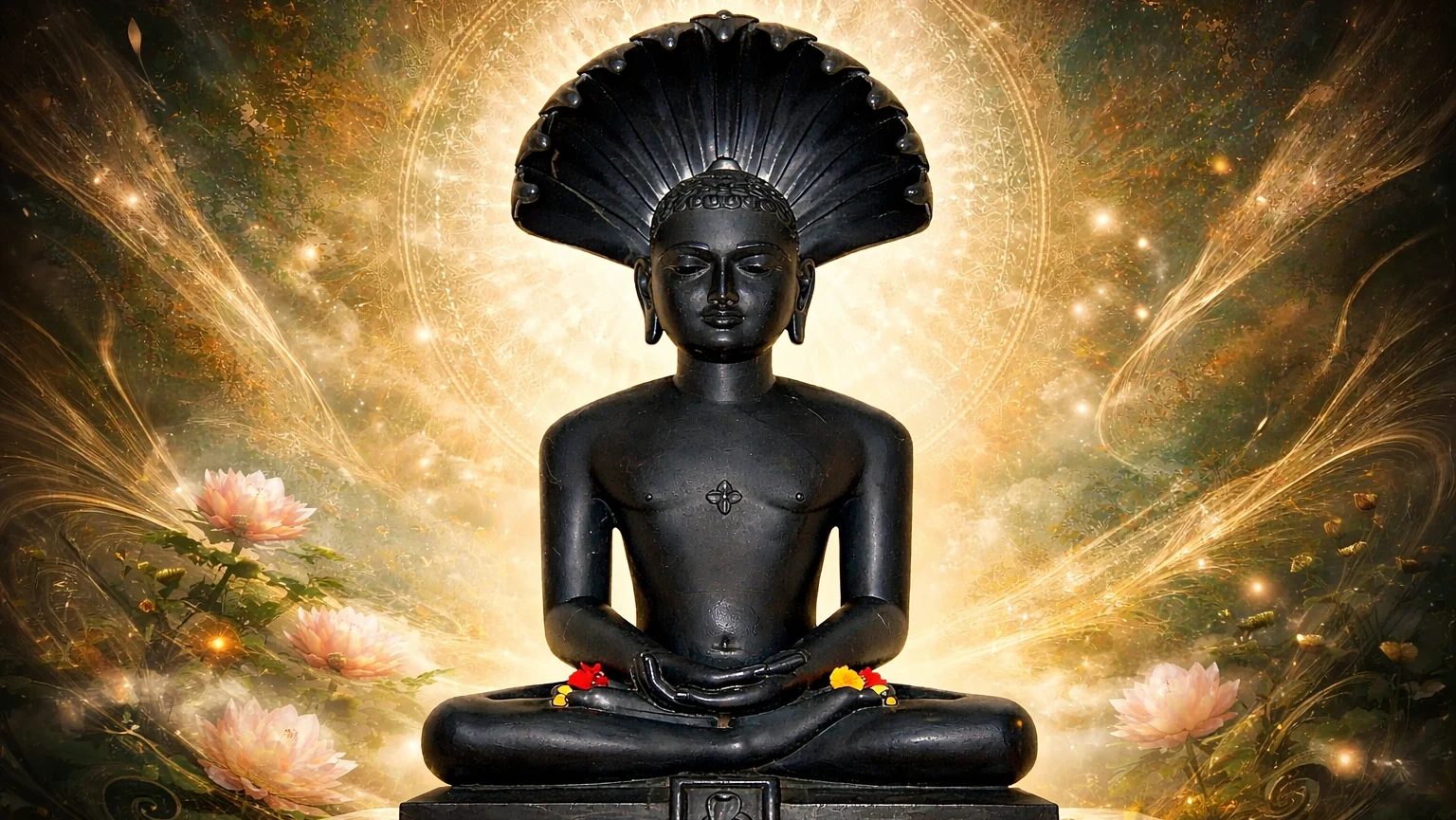 Abstract Lord Parshvanath meditating with serpent hood glowing aura Jain wallpaper