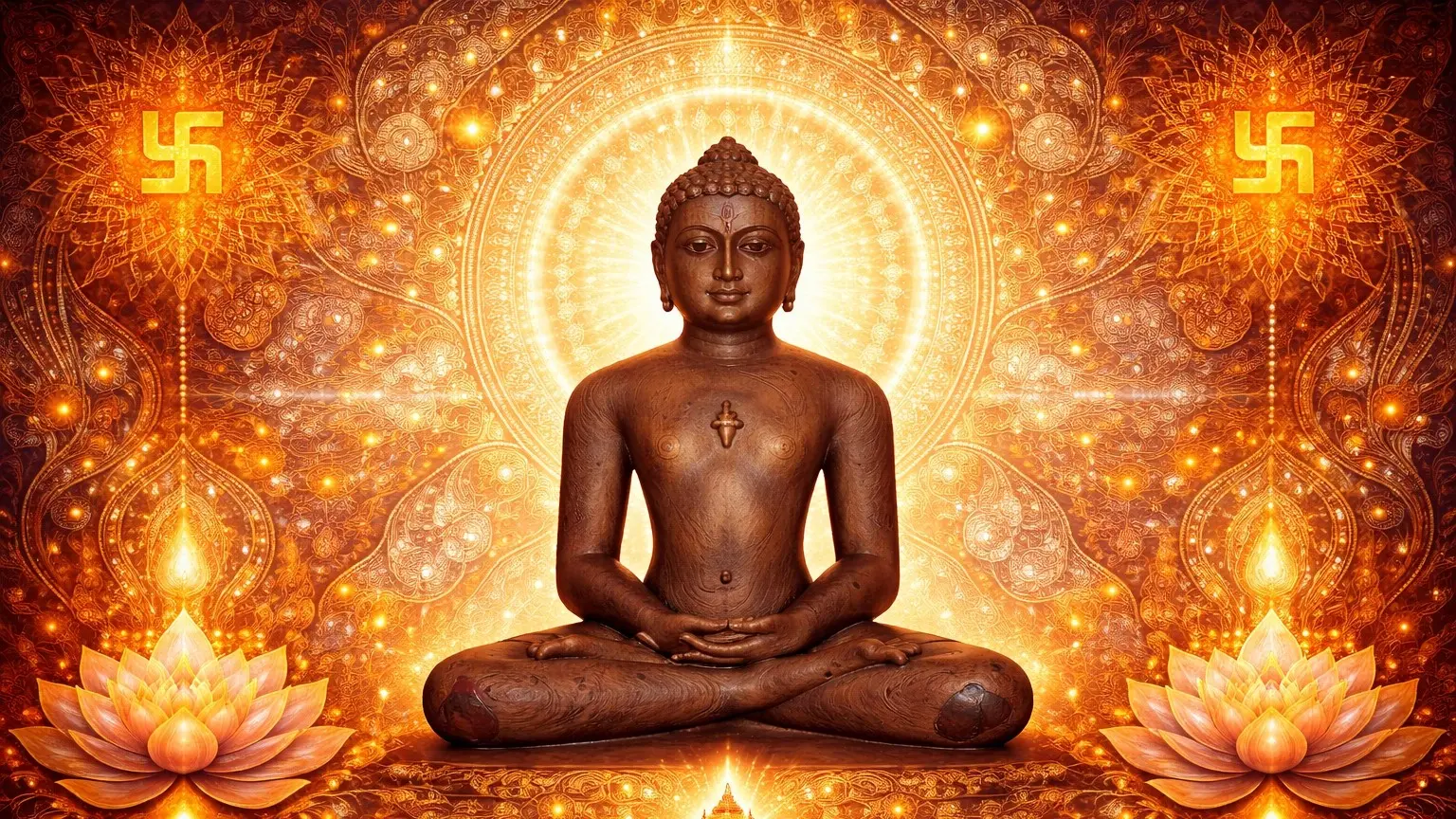 Modern abstract Jain Kantha art wallpaper of Lord Mahavir in meditation