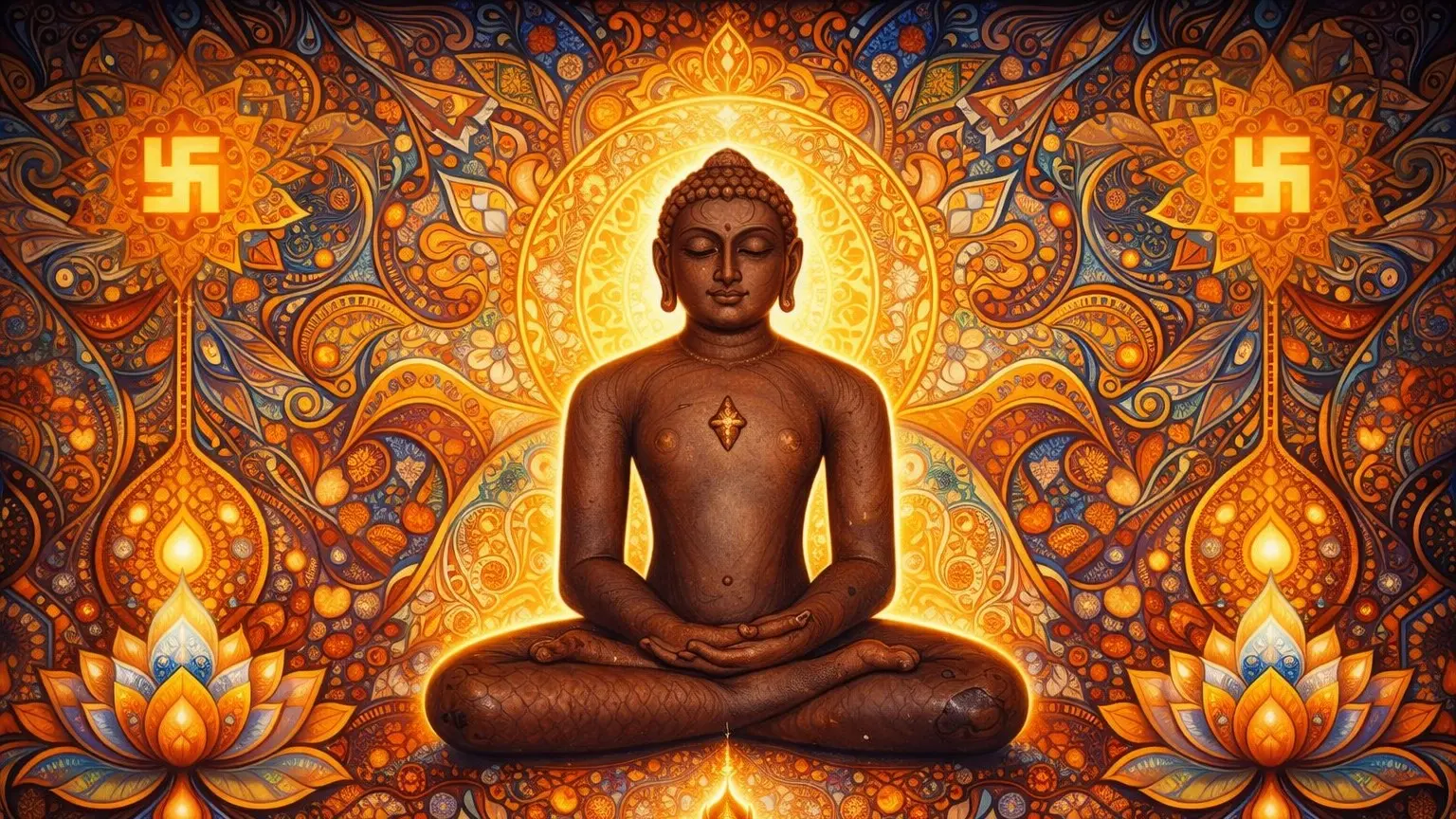 Modern abstract Jain Turi art wallpaper of Lord Mahavir in meditation