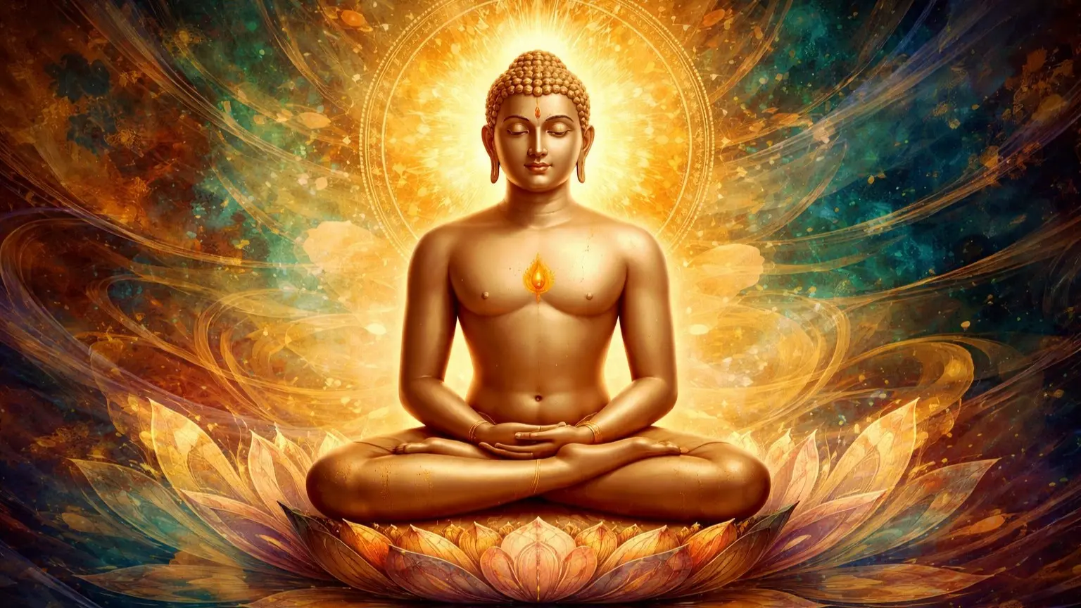 Modern abstract digital wallpaper of Lord Mahaveer meditating on a lotus