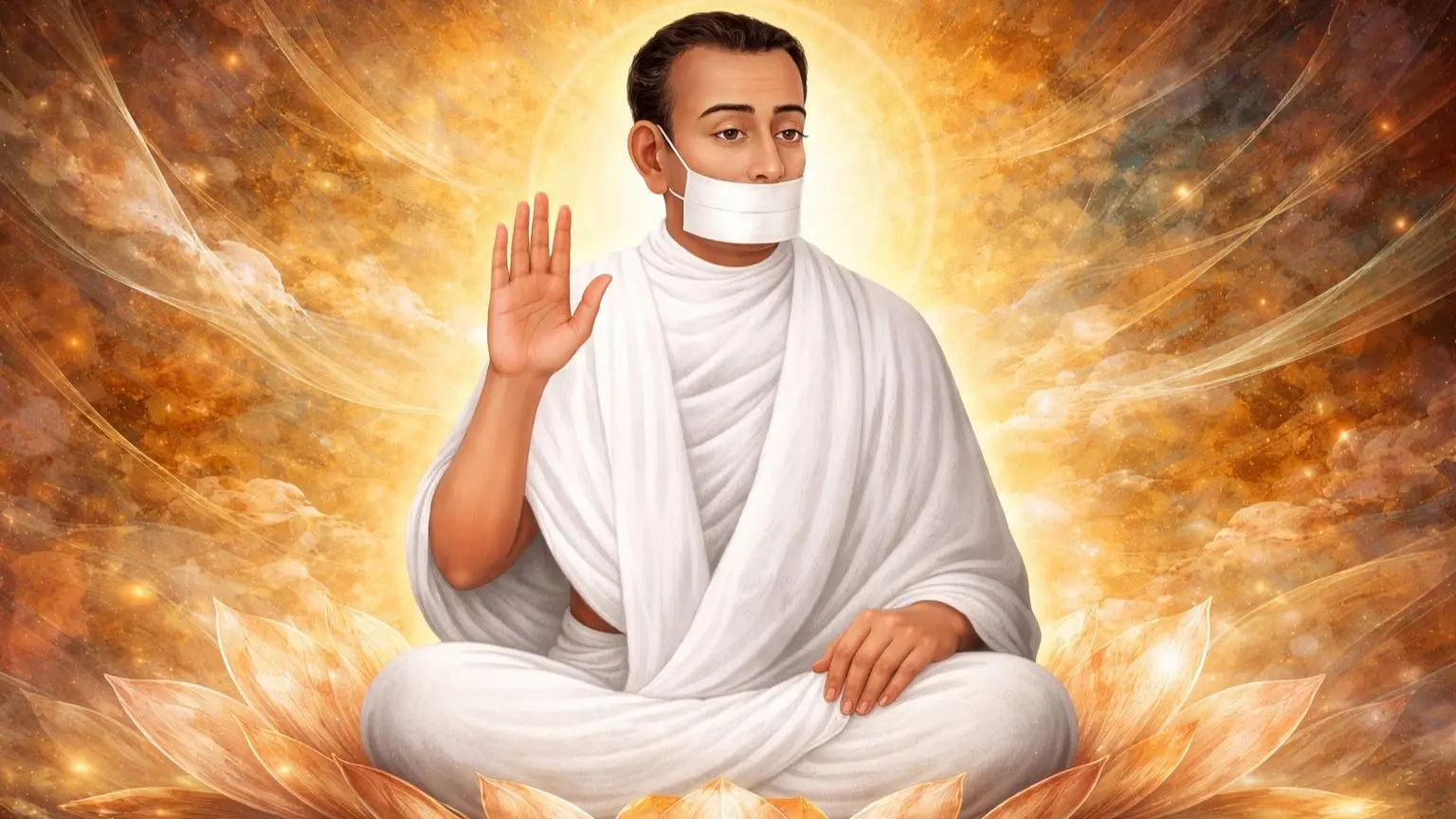 Modern abstract Jain art wallpaper of Acharya Bhikshu meditating in white robe