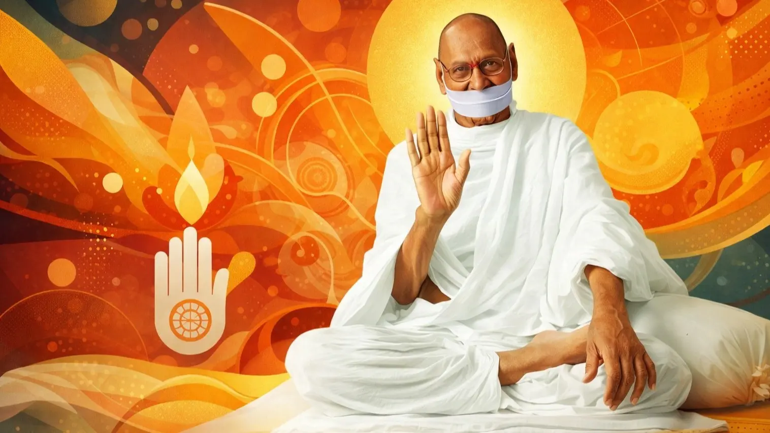 Modern abstract Jain wallpaper of Acharya Mahapragya seated in white robes with raised blessing hand, surrounded by vibrant geometric spiritual background in warm tones