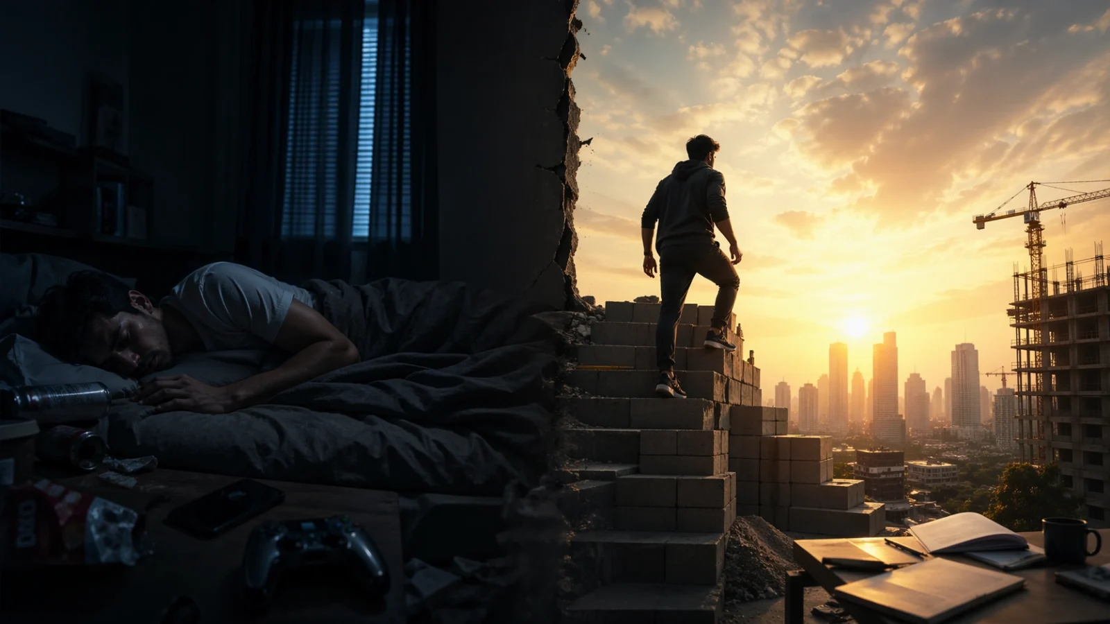 a man sleeping in a dark cluttered room on one side and another man climbing steps while building his future