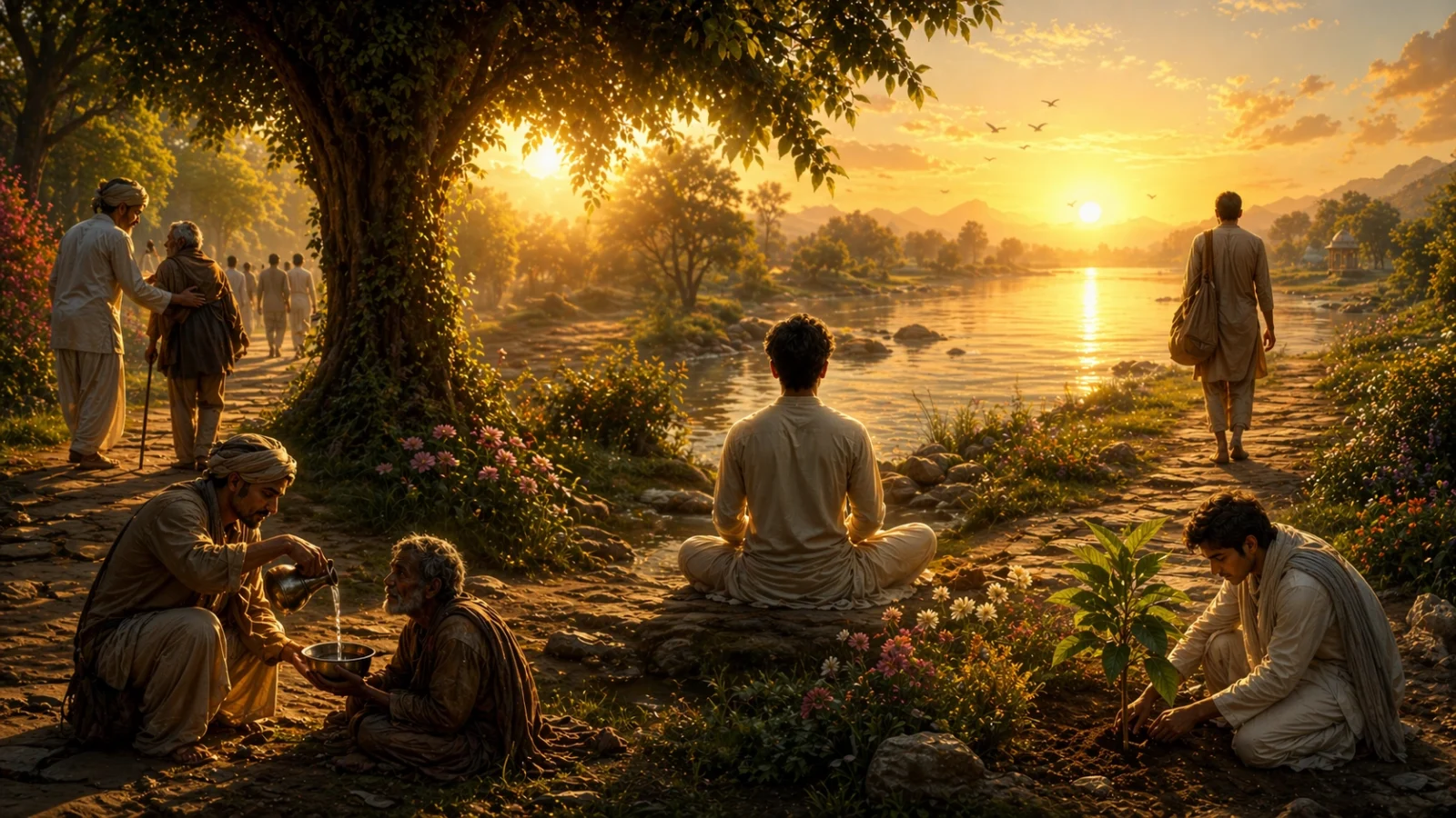 Peaceful spiritual lifestyle scene at golden hour by a riverside, showing meditation