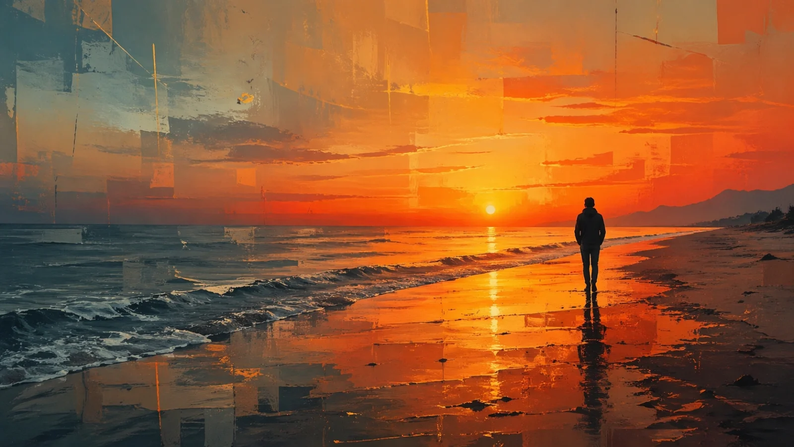 Lonely man walking on a beach at sunset with abstract modern art sky and ocean