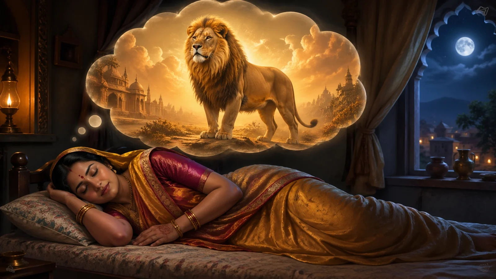 Sleeping Indian mother dreaming of a golden lion in a glowing vision