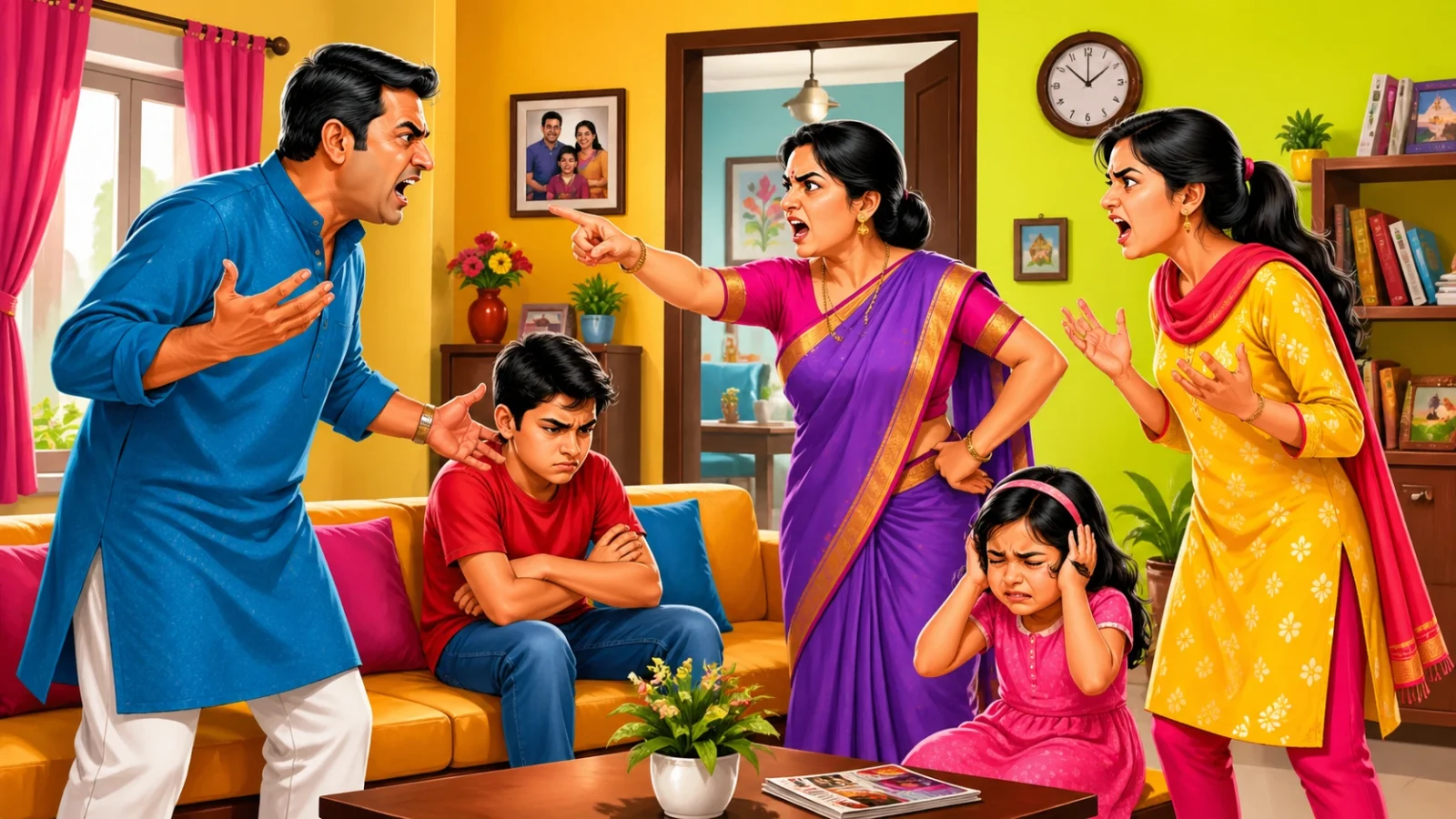 Angry family argument in a colorful household living room