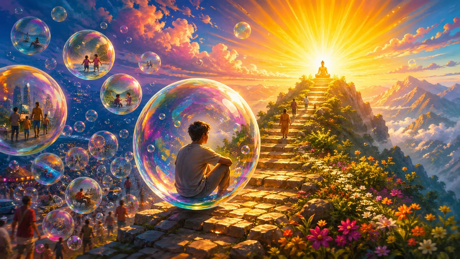 a human inside a fragile bubble ascending a glowing path toward enlightenment