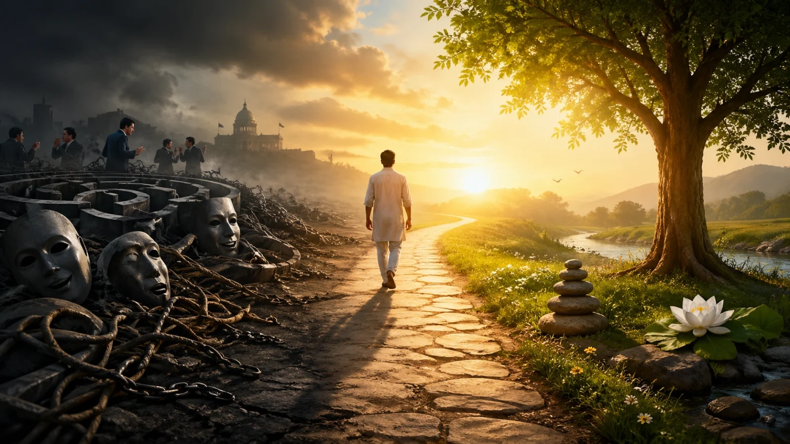 a man walking from a dark maze of deception and masks toward a bright peaceful path with nature