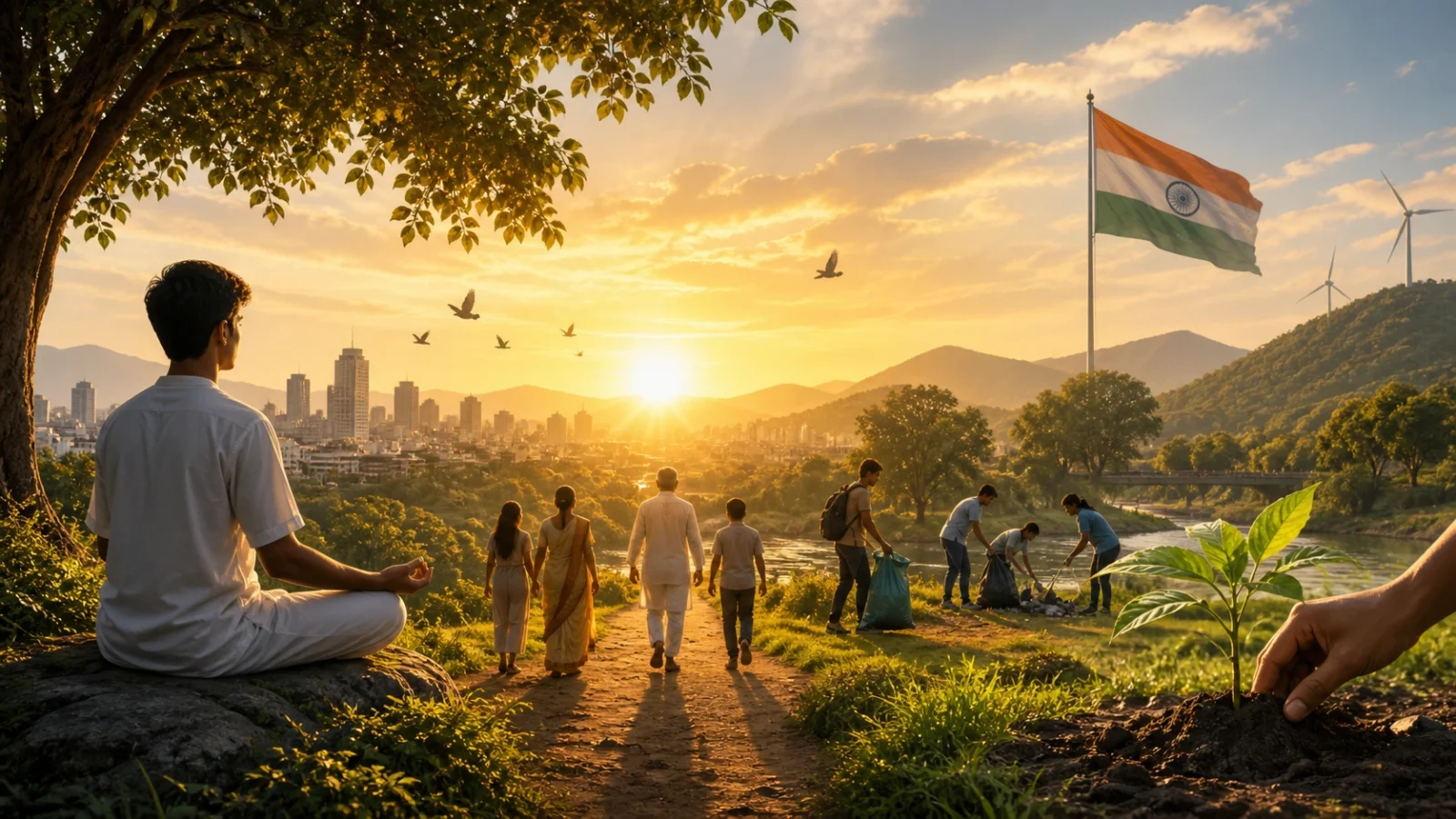 a meditating person, community service activities, tree planting, and a city landscape