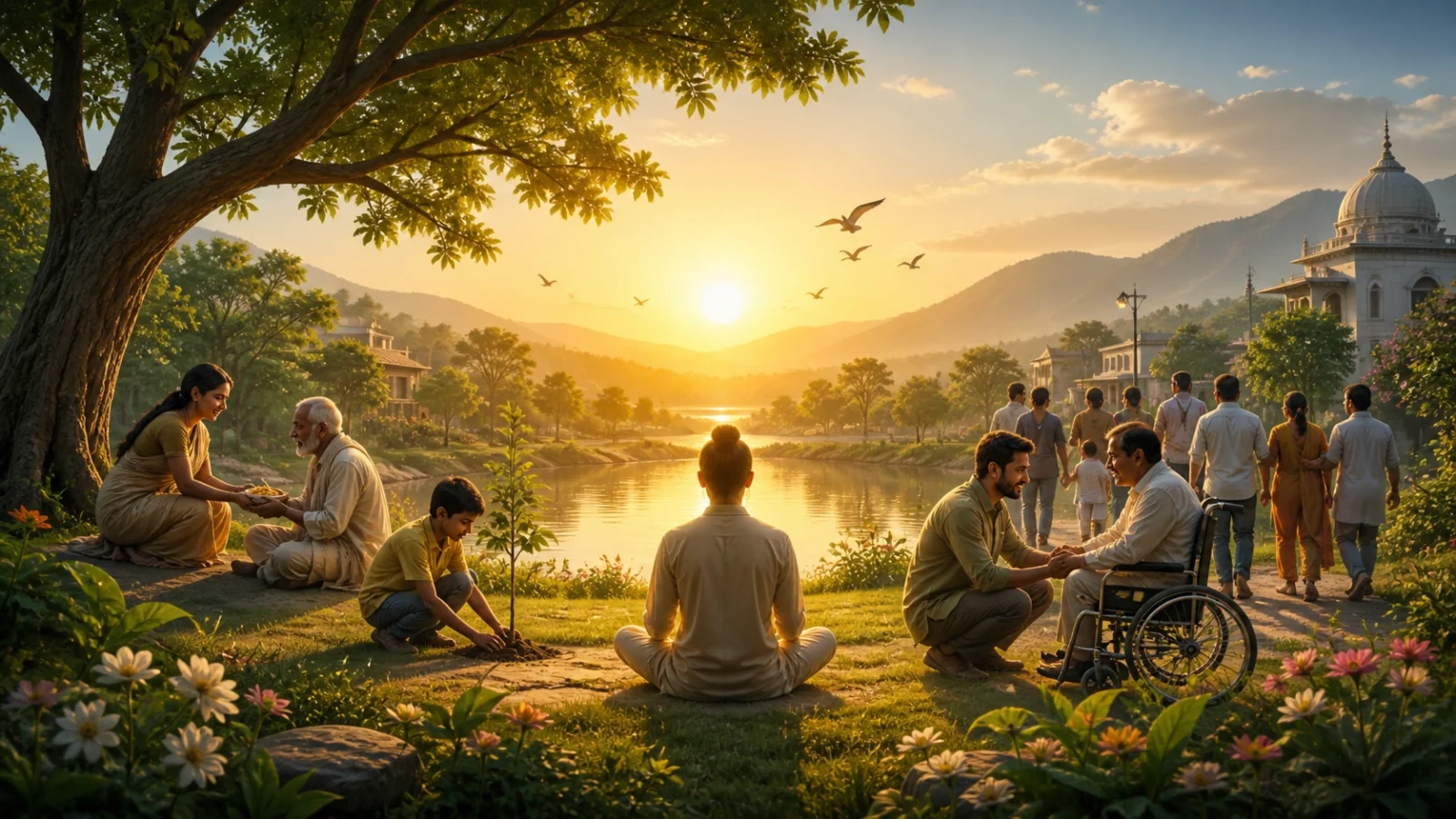 a peaceful riverside community at sunrise, with a person meditating in the center while others perform acts of kindness