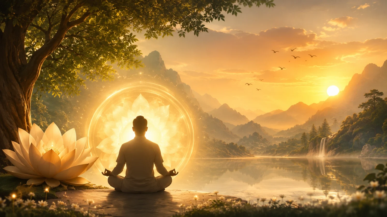 spiritual landscape wallpaper showing a person meditating beside a calm lake during sunrise.