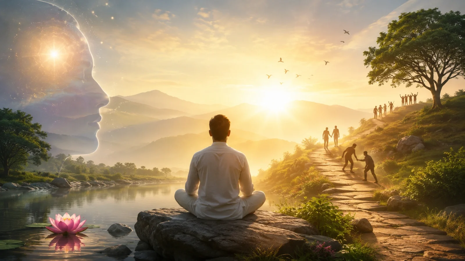 Meditative spiritual wallpaper inspired by Aatm Chintan bhajan with a peaceful person