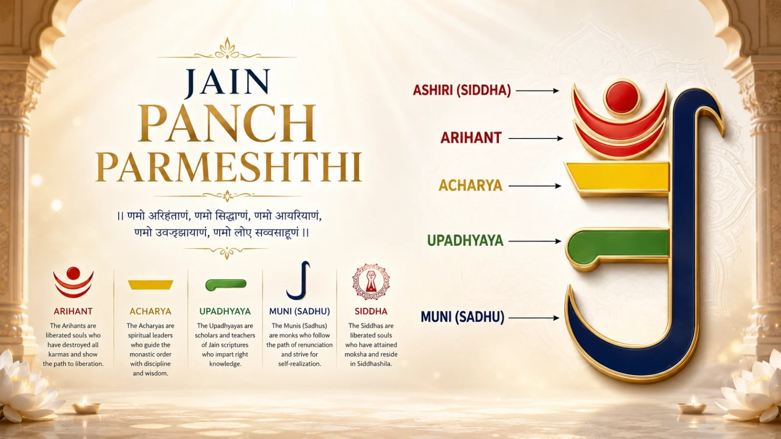 Panch Parmeshthi hierarchy — Ashiri (Siddha), Arihant, Acharya, Upadhyaya, and Muni (Sadhu)