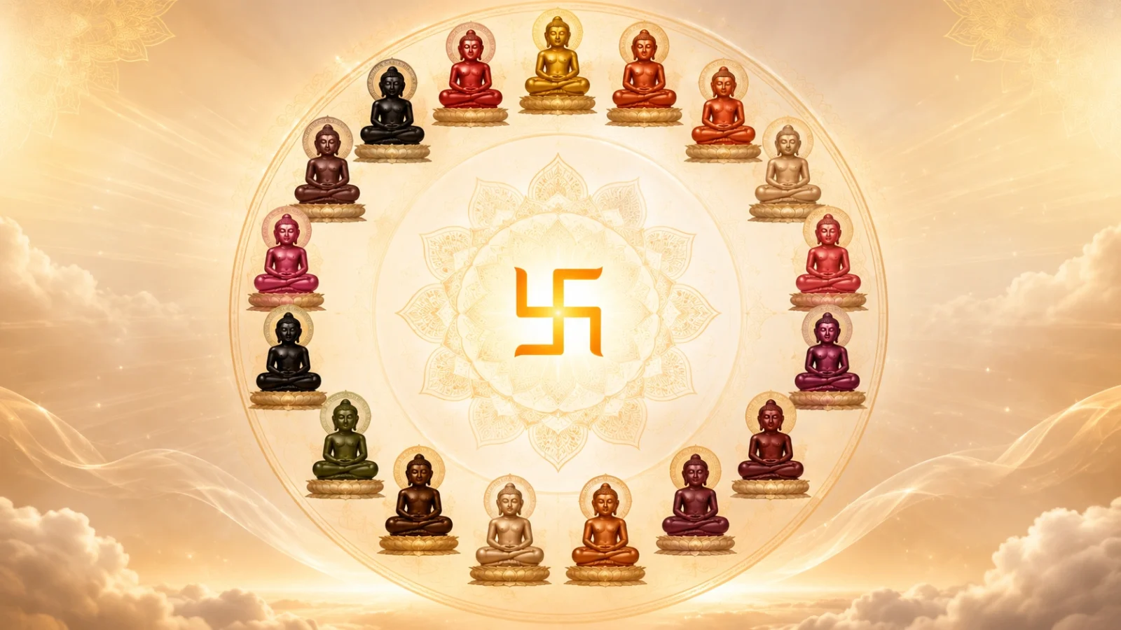 24 Jain Tirthankars spiritual 16:9 wallpaper with glowing golden background,