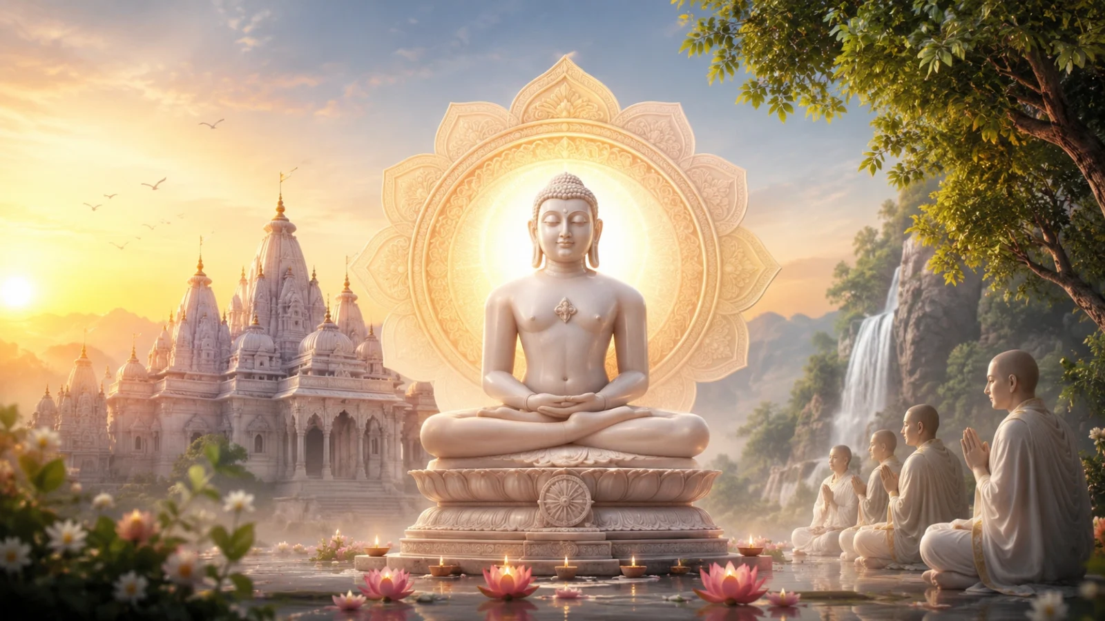 Peaceful Jain spiritual wallpaper featuring a serene meditating Tirthankar statue