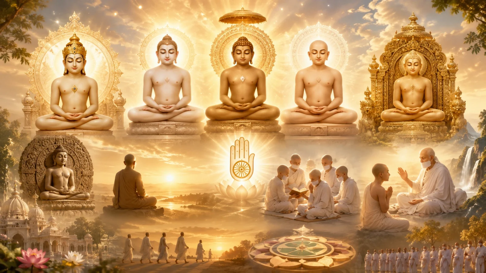 Golden Jain spiritual wallpaper featuring भगवान आदिनाथ, शांतिनाथ, महावीर स्वामी, Jain monks, Namokar Mantra symbolism