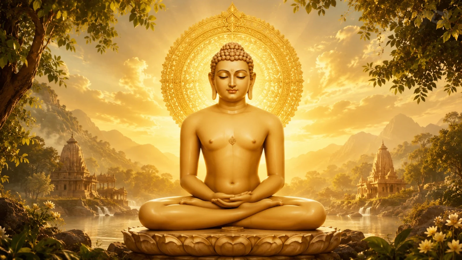 Golden wallpaper of Mahavira meditating in lotus posture with radiant halo,