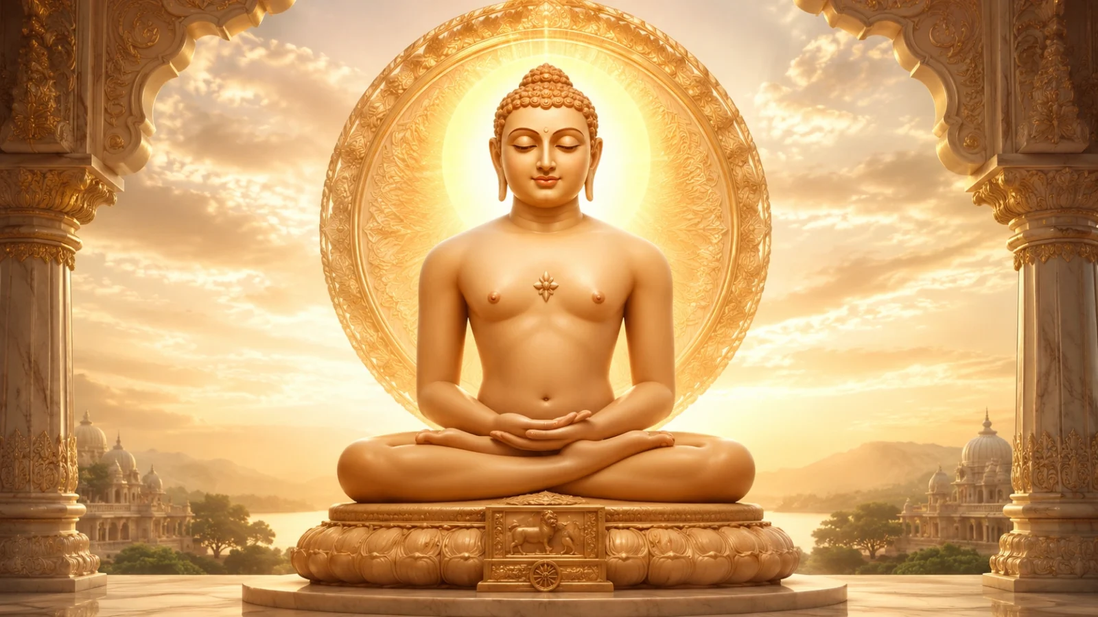 Lord Mahavir meditating in lotus posture with golden divine aura