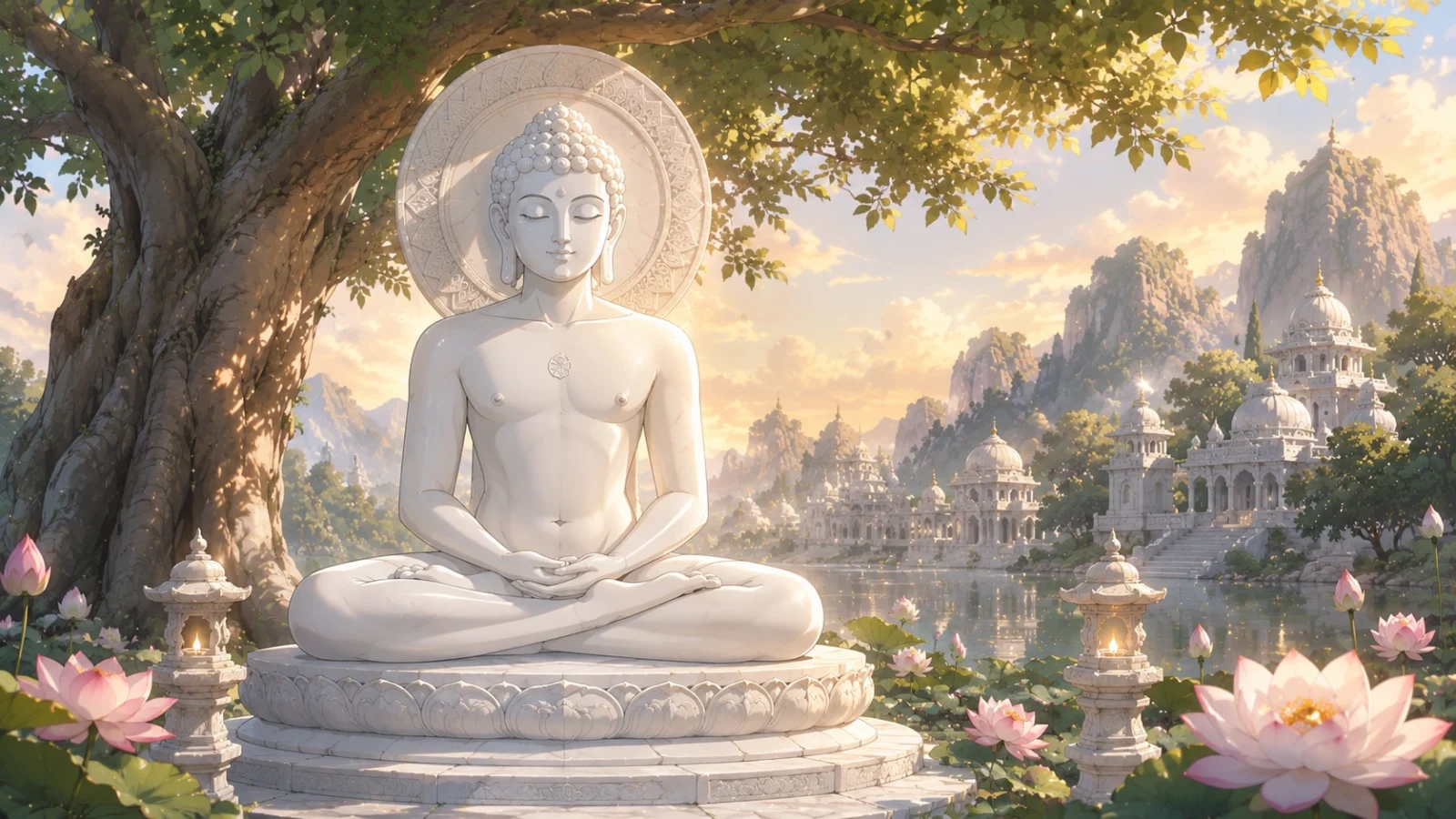 Anime-style white marble statue of महावीर स्वामी meditating