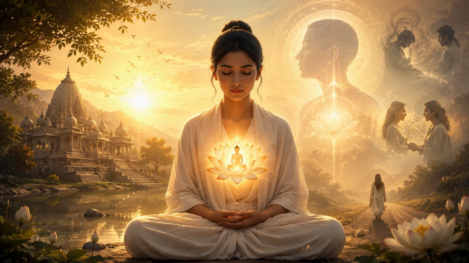 Anime-style spiritual wallpaper of a meditating woman with glowing inner light