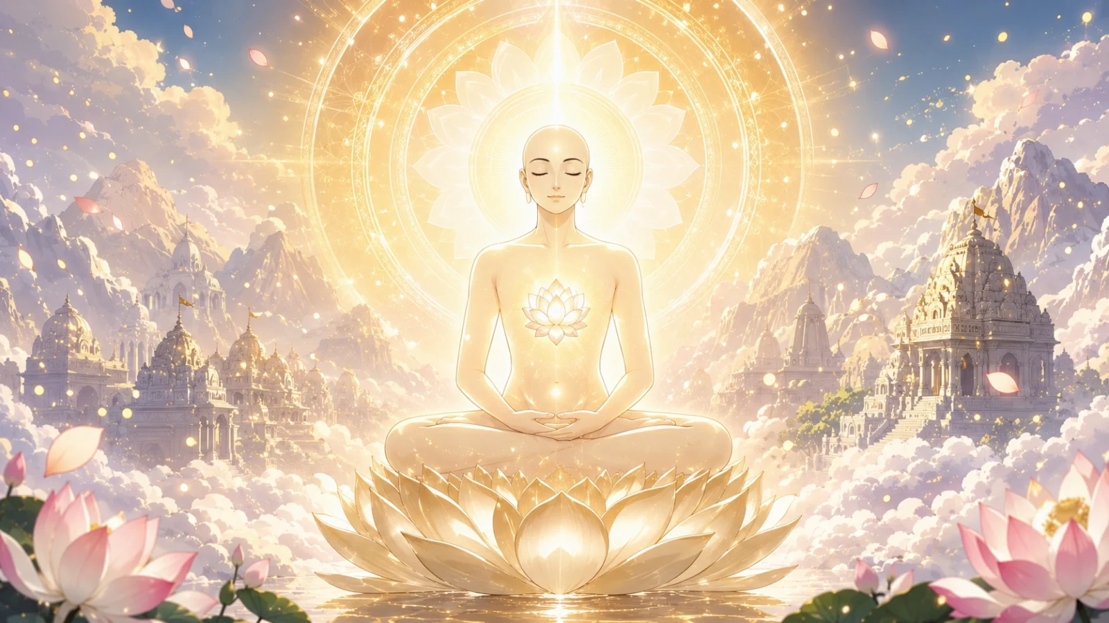 Manga-style spiritual wallpaper of a glowing Jain Jin Aatma