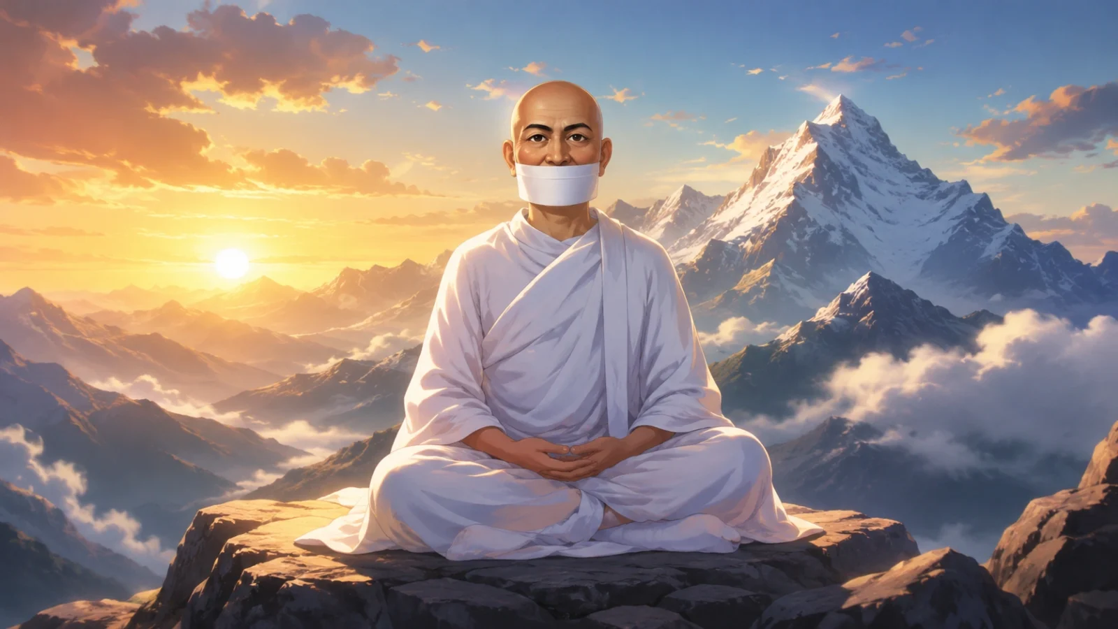 Anime-style wallpaper of Acharya Kalugani meditating peacefully on a mountain peak