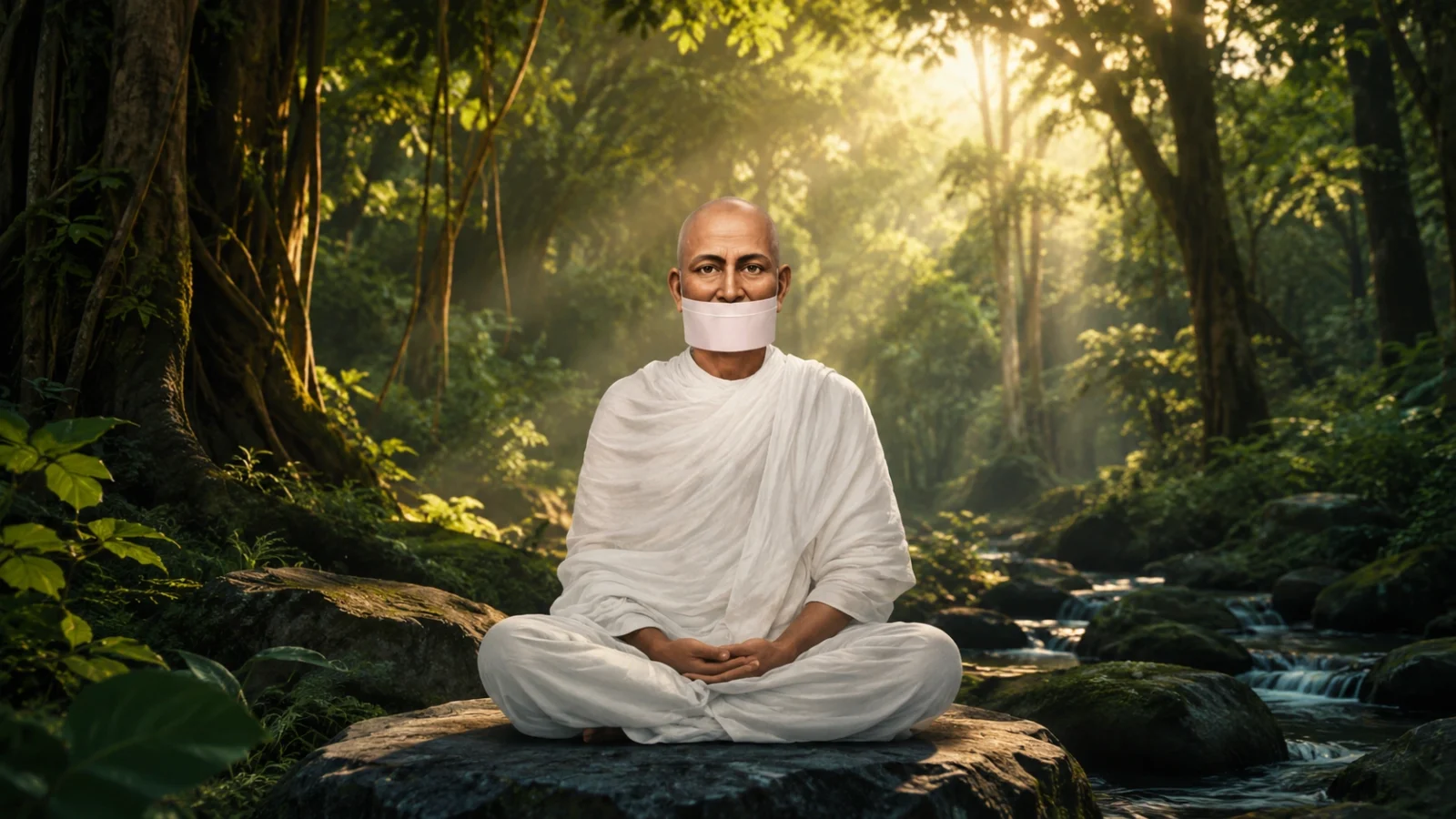 Acharya Kaalugani meditating peacefully in a dense forest