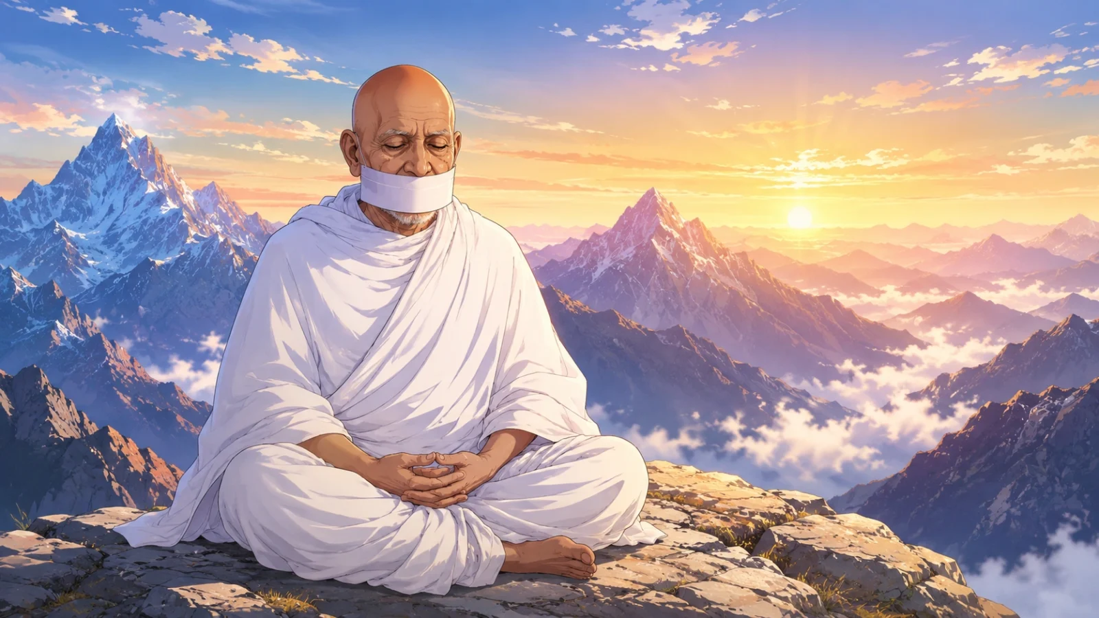 Anime wallpaper of Acharya Tulsi meditating peacefully on a mountain peak