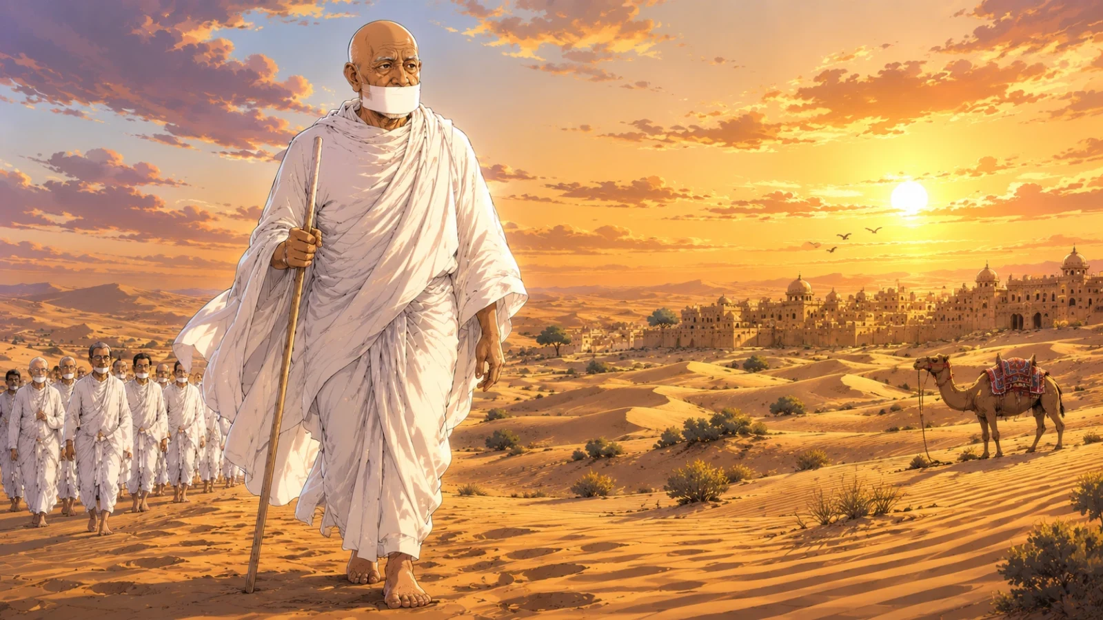 Manga wallpaper of Acharya Tulsi walking barefoot in the Rajasthan desert