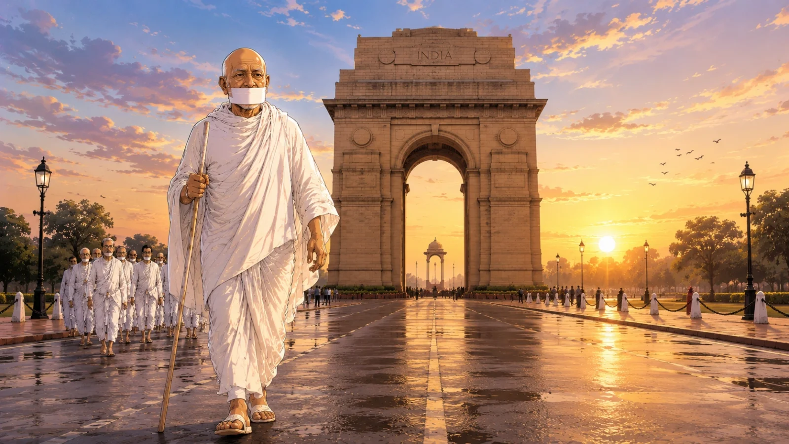 Acharya Tulsi walking near India Gate, spiritual Jain saint wallpaper.