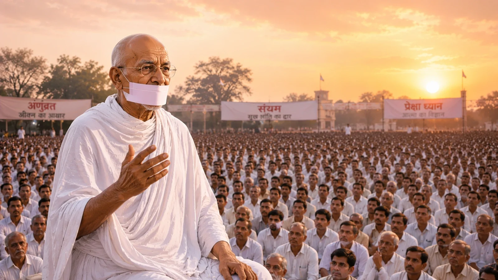 Acharya Tulsi addressing massive crowd without microphone, spiritual Jain leader wallpaper.