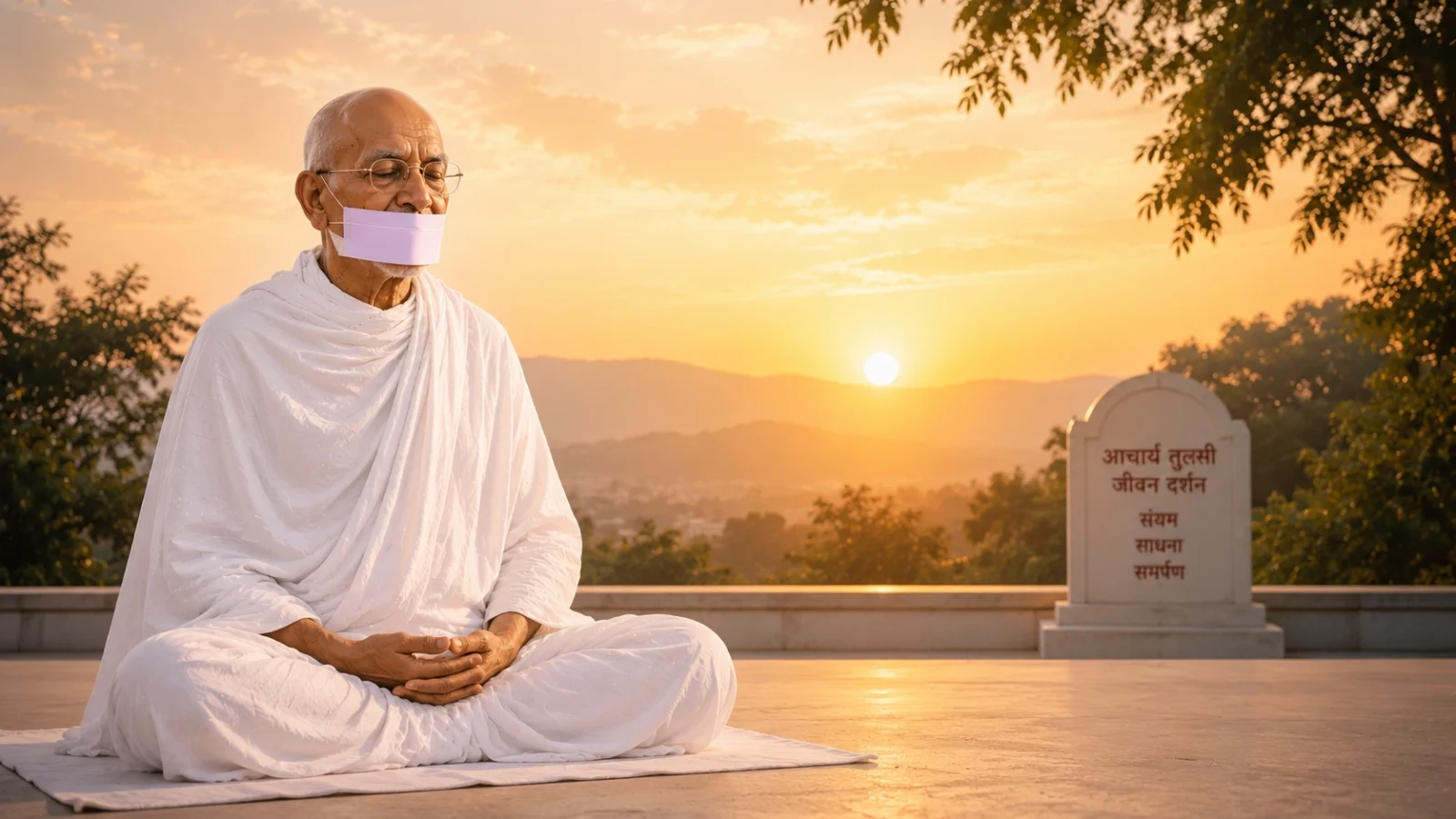 Acharya Tulsi meditating peacefully at sunrise, spiritual Jain saint meditation wallpaper.