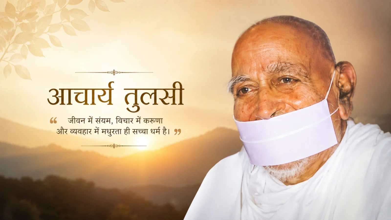 Acharya Tulsi spiritual 16:9 wallpaper with inspirational Hindi quote